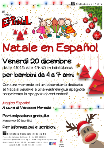 Magico Español: Natale en Español - merenda e laboratorio per scoprire lo spagnolo divertendosi - Per bambini da 4 a 7 anni - VENERDI' 20 DICEMBRE ore 16.15 in biblioteca - ingresso libero